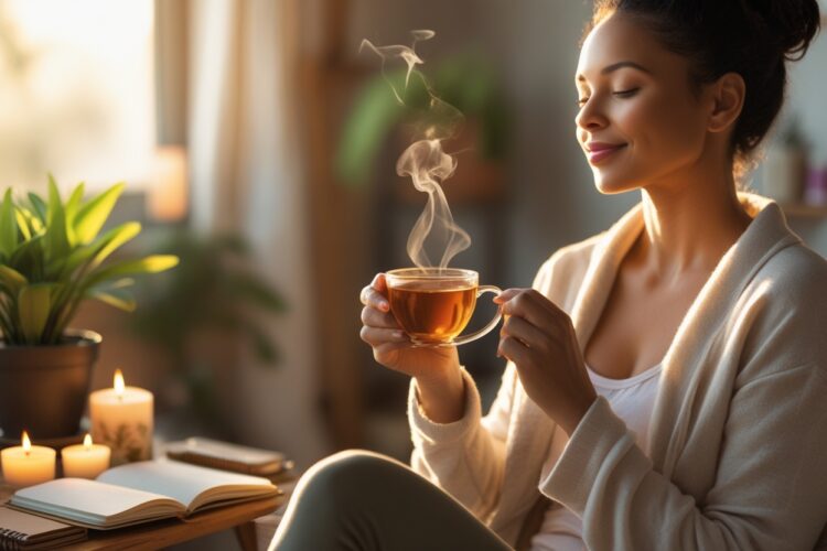 Leonardo Phoenix 10 A peaceful empowered woman sitting in a co 2